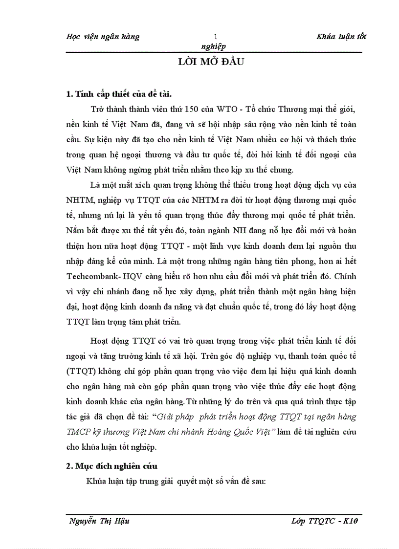 Giải pháp phát triển hoạt động TTQT tại ngân hàng TMCP kỹ thương Việt Nam chi nhánh Hoàng Quốc Việt