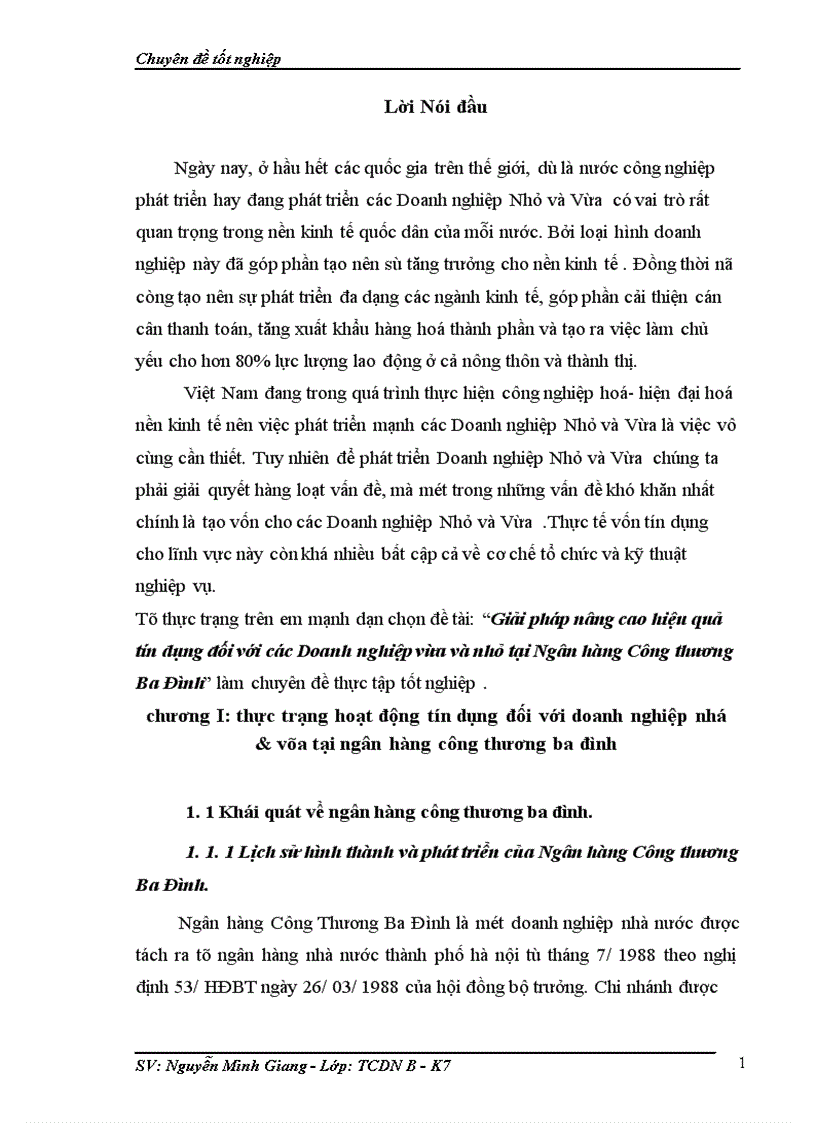 Giải pháp nâng cao hiệu quả tín dụng đối với các Doanh nghiệp vừa và nhỏ tại Ngân hàng Công thương Ba Đình 1
