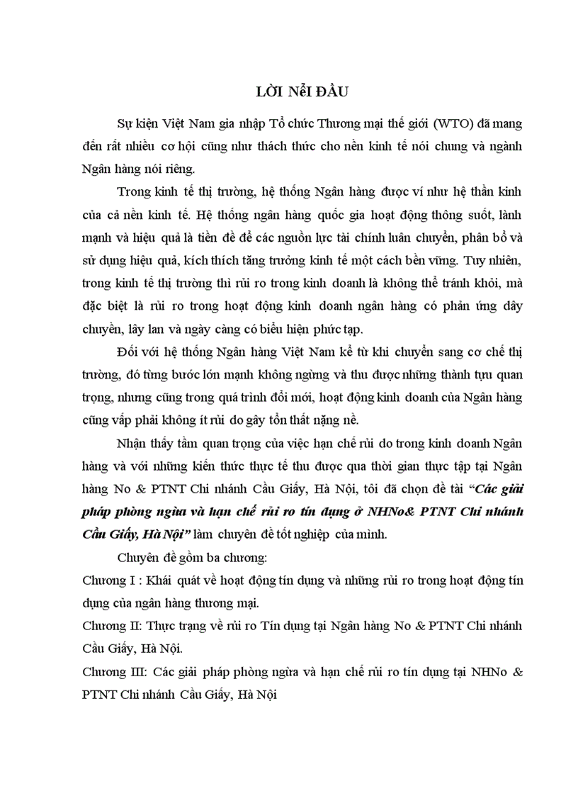 Các giải pháp phòng ngừa và hạn chế rủi ro tín dụng ở NHNo PTNT Chi nhánh Cầu Giấy Hà Nội