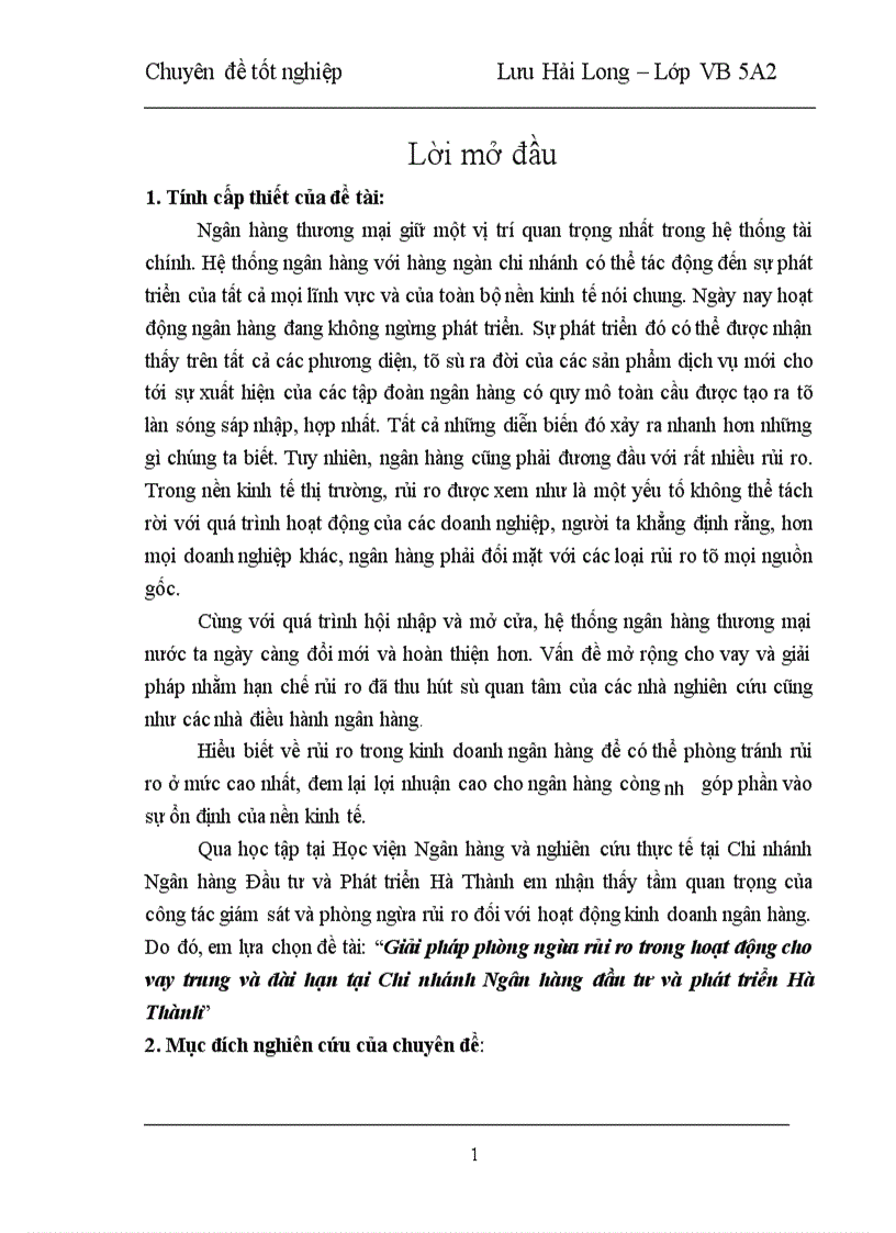 Giải pháp phòng ngừa rủi ro trong hoạt động cho vay trung và dài hạn tại Chi nhánh Ngân hàng đầu tư và phát triển Hà Thành 1