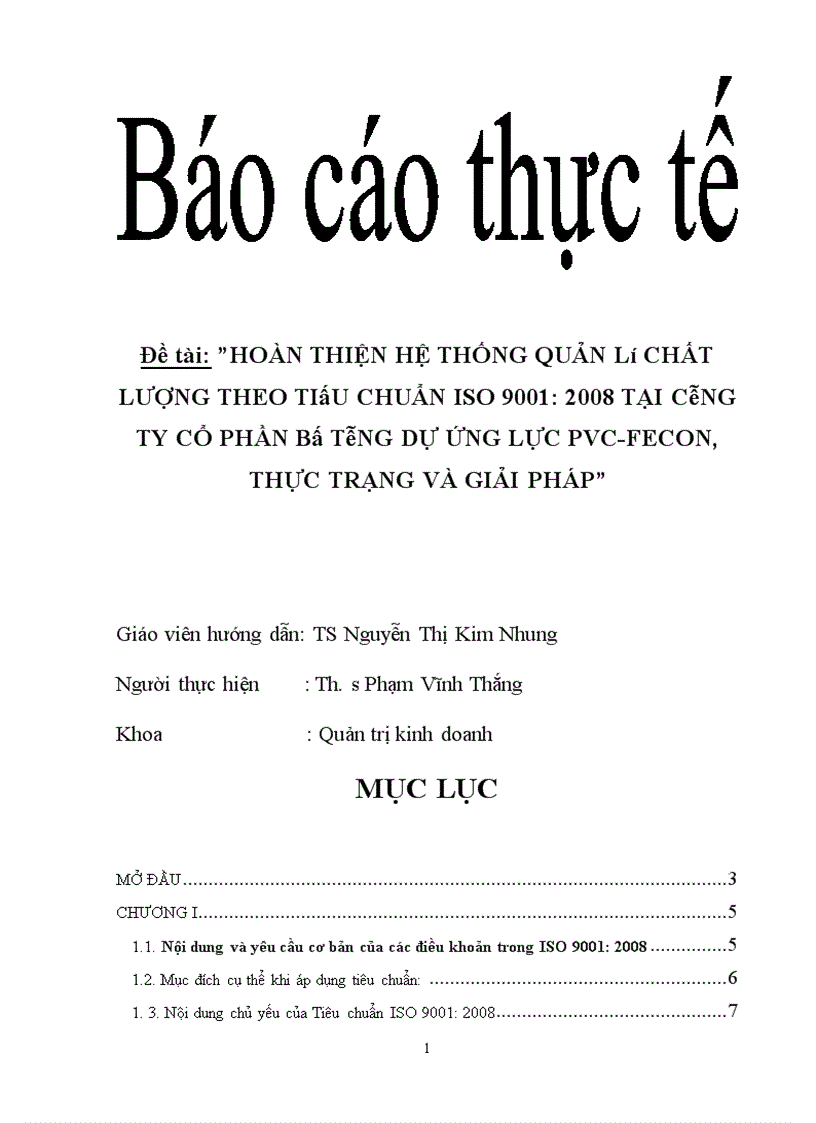 Hoàn thiện hệ thống quản lý chất lượng theo tiêu chuẩn ISO 9001 2008 tại Công ty cổ phần Bê Tông dự ứng lực PVC FECON thực trạng và giải pháp