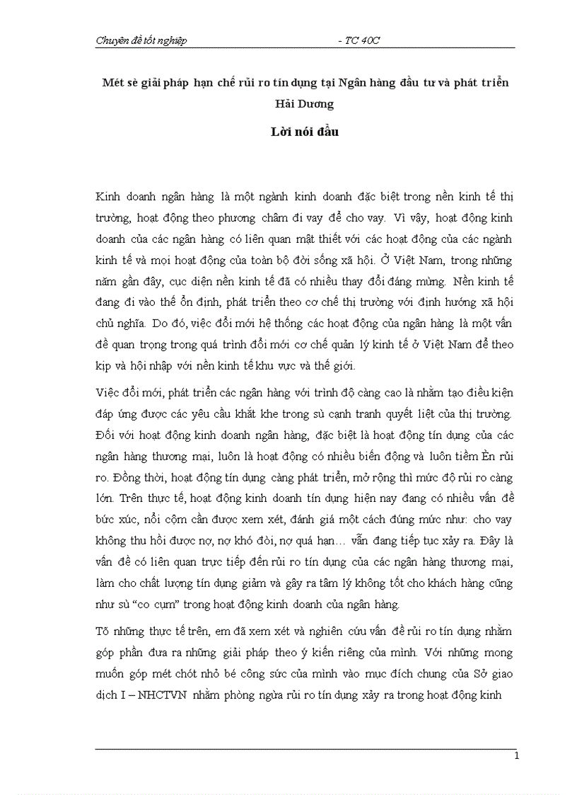 Một số giải pháp nhằm hạn chế rủi ro tín dụng tại Sở giao dịch I NHCTVN 1
