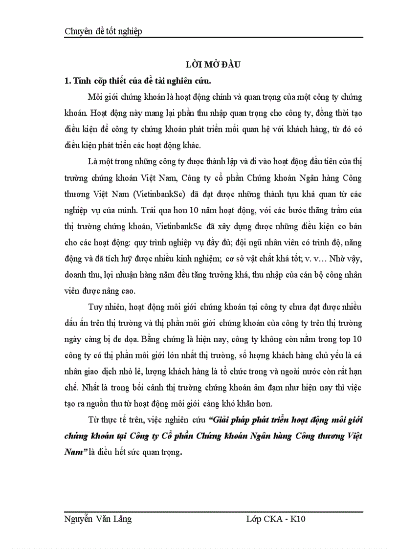 Giải pháp phát triển hoạt động môi giới chứng khoán tại Công ty Cổ phần Chứng khoán Ngân hàng Công thương Việt Nam