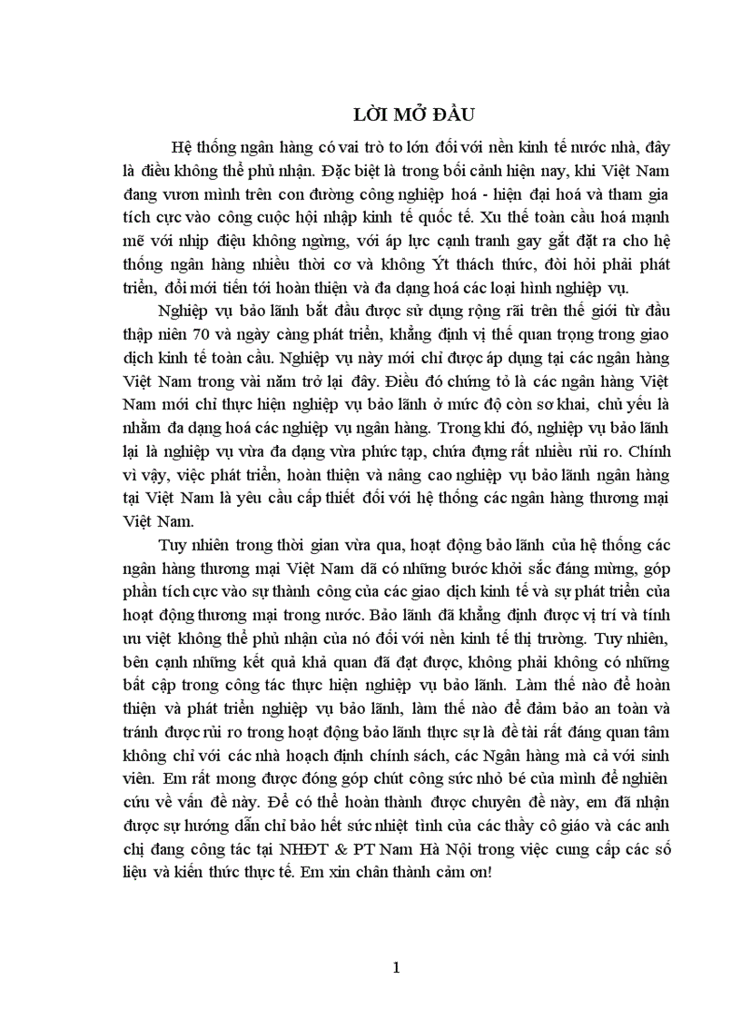 Giải pháp hoàn thiện và phát triển nghiệp vụ bảo lãnh tại chi nhánh NHĐT PT Nam Hà nội 1