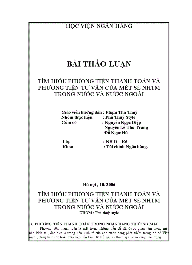 Tìm hiểu phương tiện thanh toán và phương tiện tư vấn của một số NHTM trong nước và nước ngoài