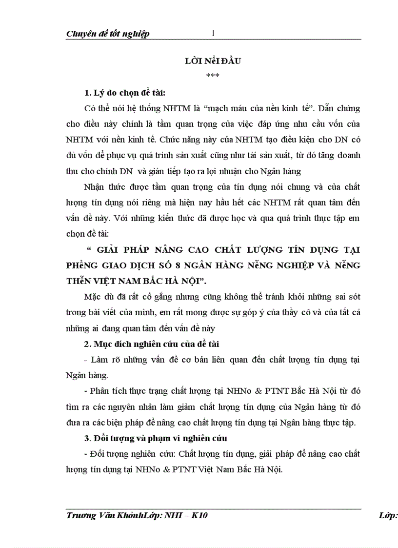 Giải pháp nâng cao chất lượng tín dụng tại phòng giao dịch số 8 ngân hàng nông nghiệp và nông thôn việt nam bắc hà nội 1