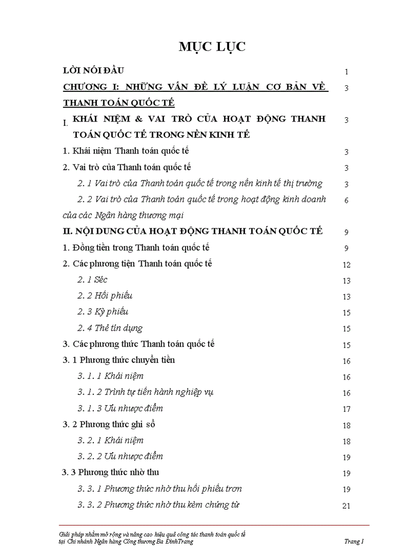 Một số giải pháp nhằm mở rộng và nâng cao hiệu quả công tác thanh toán quốc tế tại Chi nhánh Ngân hàng Công thương Ba Đình 1