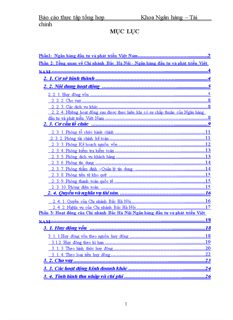 Báo cáo thực tập tổng hợp tại Chi nhánh Bắc Hà Nội Ngân hàng đầu tư và phát triển Việt Nam