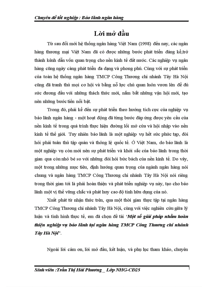 Một số giải pháp nhằm hoàn thiện nghiệp vụ bảo lãnh tại ngân hàng TMCP Công Thương chi nhánh Tây Hà Nội 1