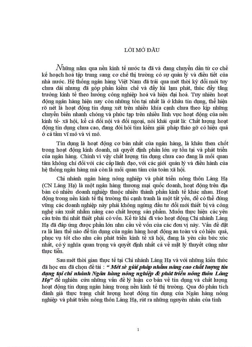 Một số giải pháp nhằm nâng cao chất lượng tín dụng tại chi nhánh Ngân hàng nông nghiệp phát triển nông thôn Láng Hạ 1