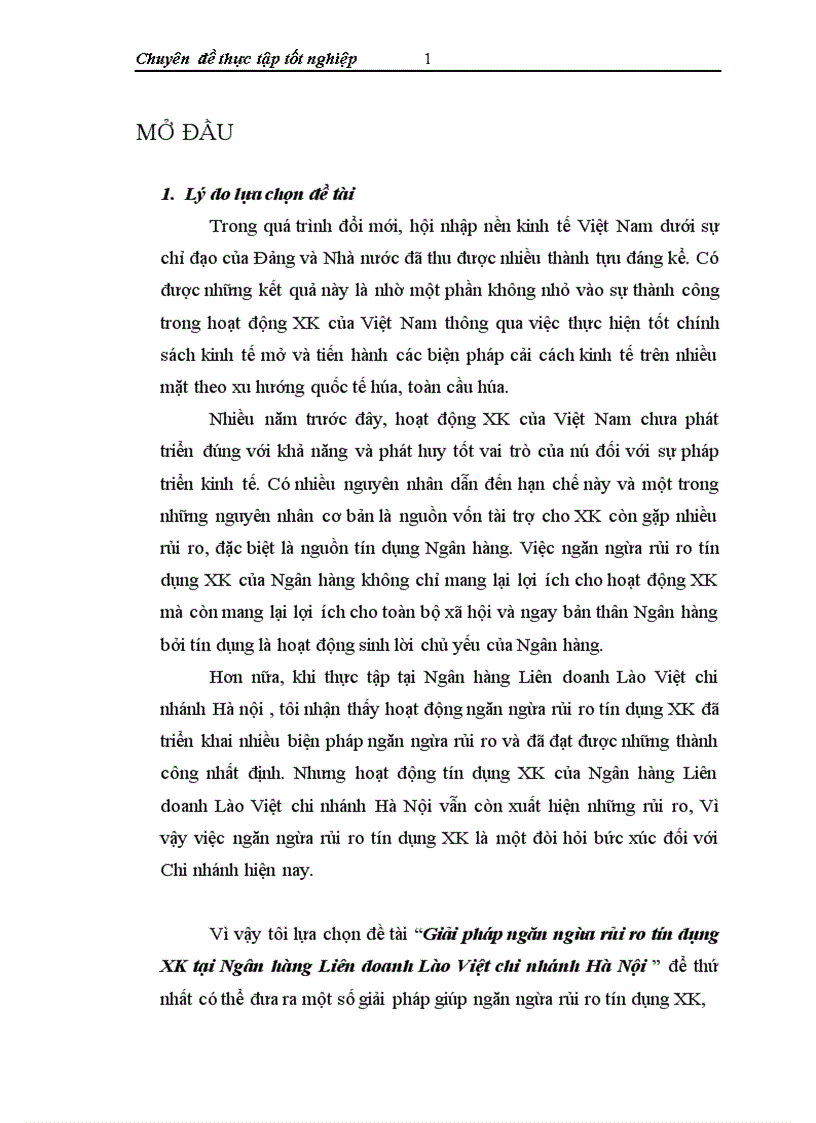 Giải pháp ngăn ngừa rủi ro tín dụng XK tại Ngân hàng Liên doanh Lào Việt chi nhánh Hà Nội