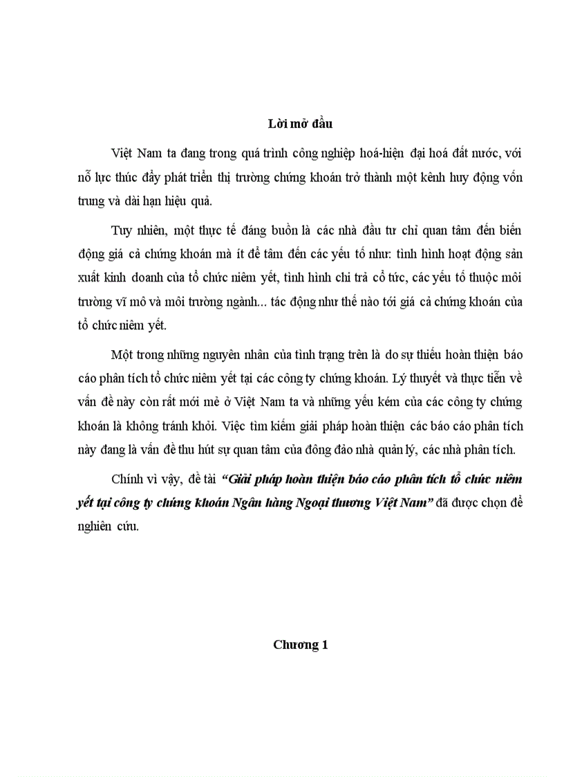 Giải pháp hoàn thiện báo cáo phân tích tổ chức niêm yết tại công ty chứng khoán Ngân hàng Ngoại thương Việt Nam
