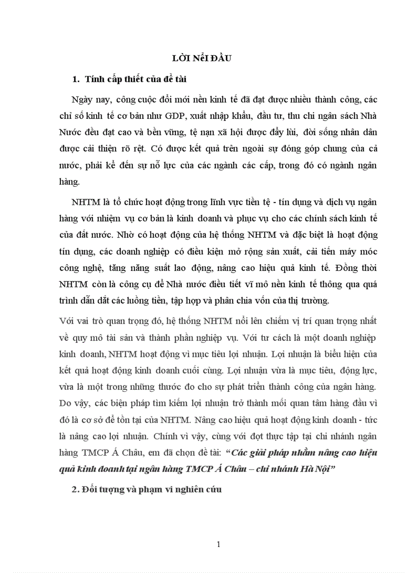 Các giải pháp nhằm nâng cao hiệu quả kinh doanh tại ngân hàng TMCP Á Châu chi nhánh Hà Nội 1