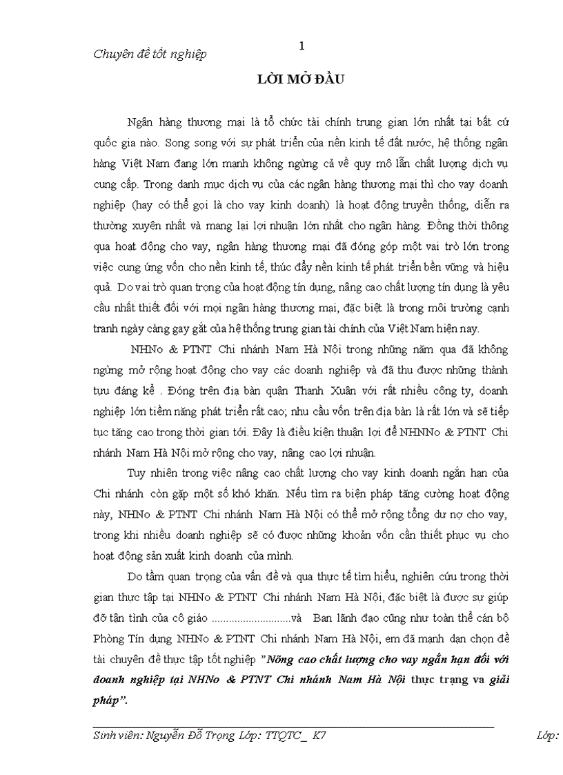 Nâng cao chất lượng cho vay ngắn hạn đối với doanh nghiệp tại NHNo PTNT Chi nhánh Nam Hà Nội thực trạng va giải pháp 1