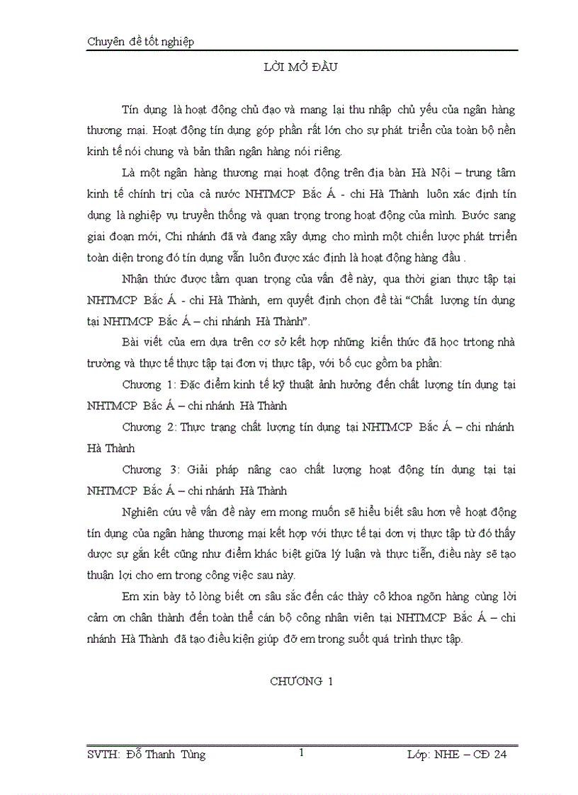 Chất lượng tín dụng tại NHTMCP Bắc Á chi nhánh Hà Thành