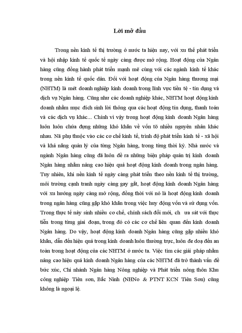 Một số giải pháp nhằm nâng cao hiệu quả hoạt động kinh doanh tại chi nhánh Ngân hàng Nông nghiệp và Phát triển Nông thôn Khu công nghiệp Tiên Sơn Bắc Ninh 1