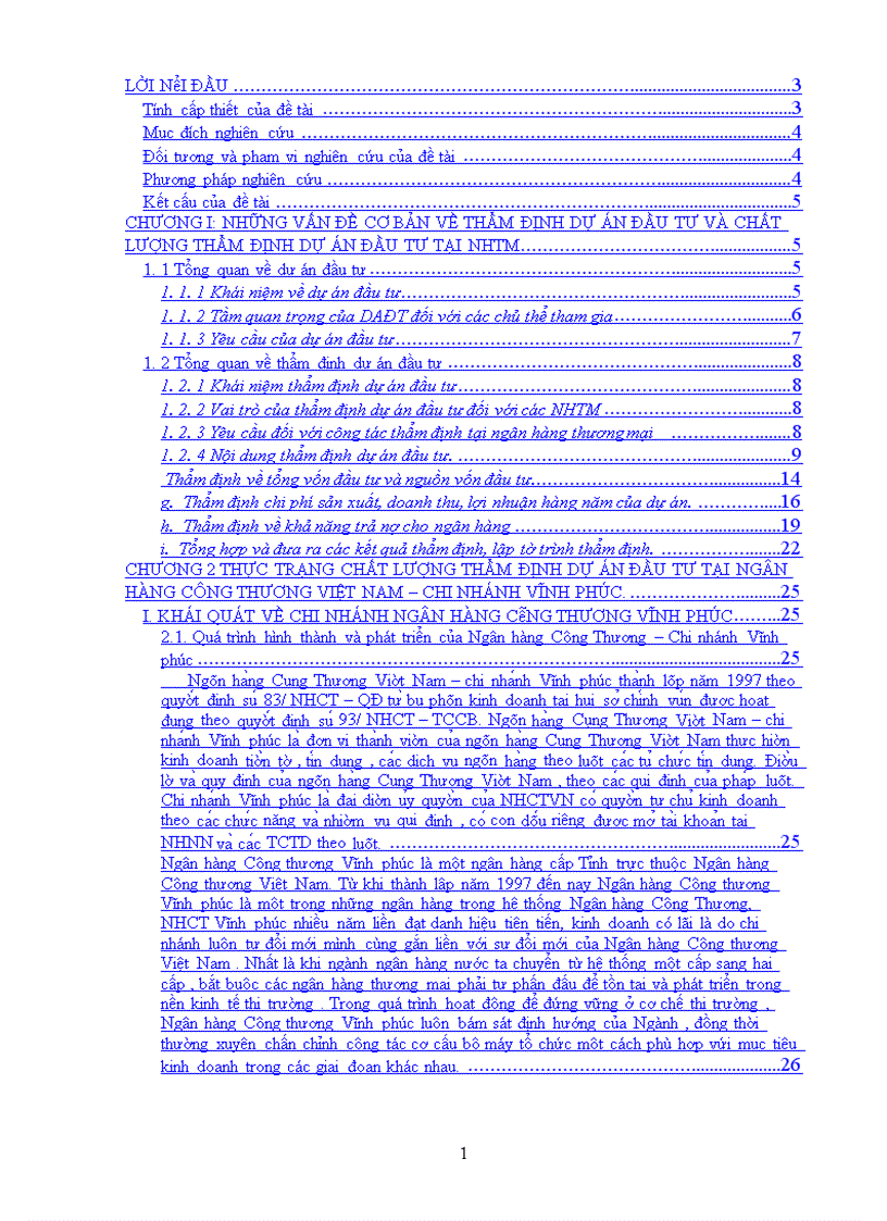 Một số giải pháp nâng cao chất lượng thẩm định dự án đầu tư tại ngân hàng Công Thương Việt Nam chi nhánh Vĩnh phúc 1