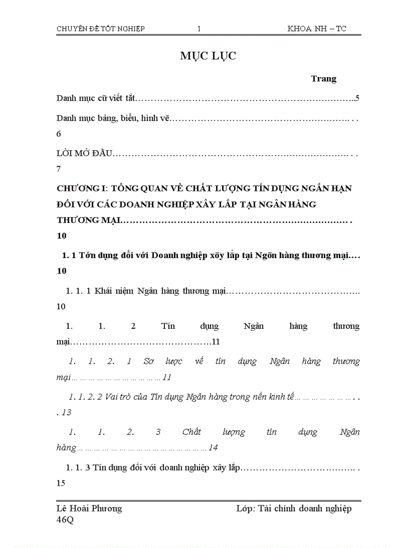 Nâng cao chất lượng tín dụng ngắn hạn đối với các doanh nghịêp xây lắp tại Ngân hàng Đầu tư và Phát triển Chi nhánh Cầu Giấy 1