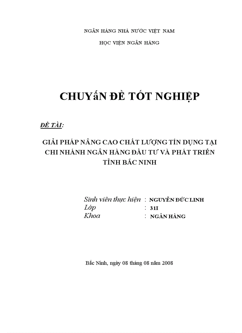 Giải pháp nâng cao chất lượng tín dụng tại Chi nhánh Ngân hàng Đầu tư Phát triển Tỉnh Bắc Ninh 1