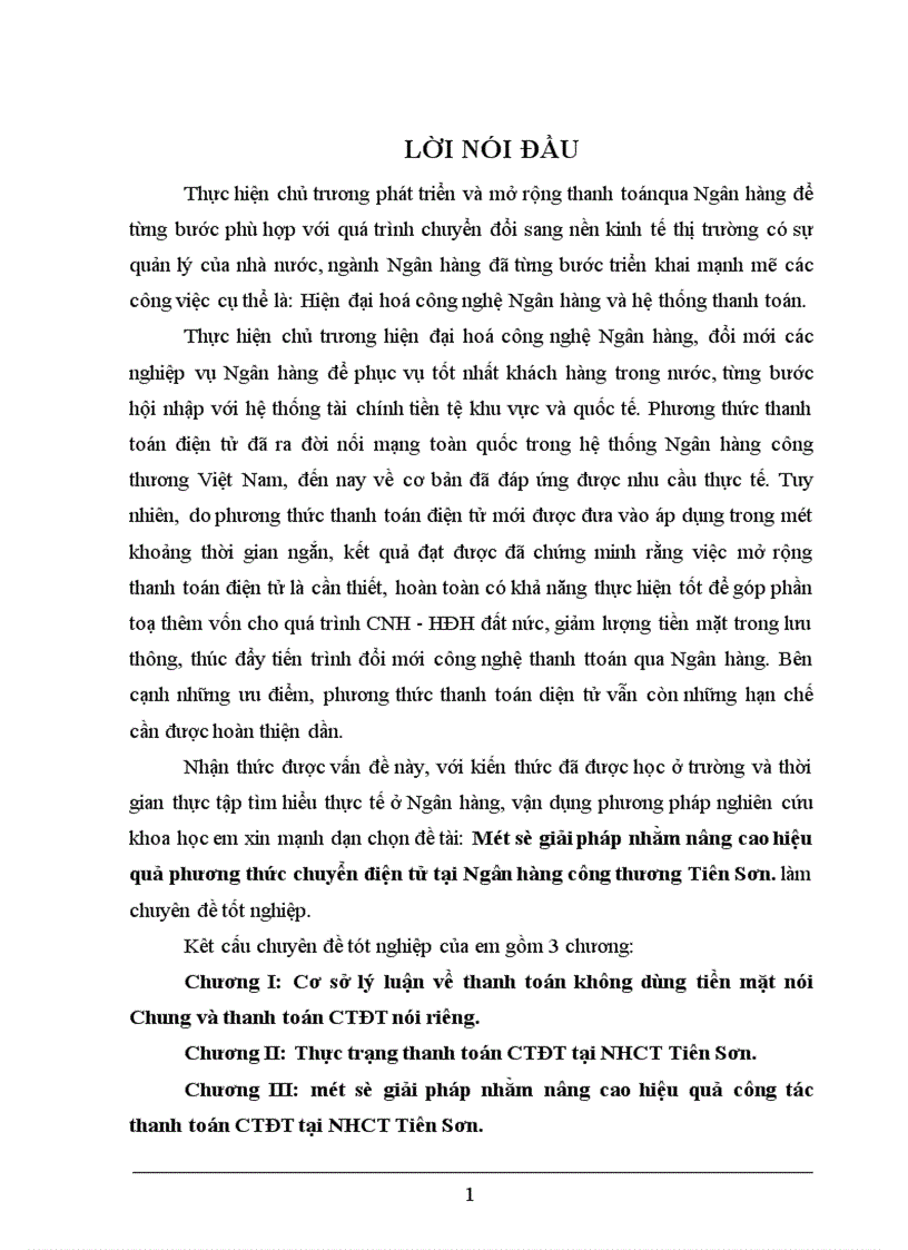 Một số giải pháp nhằm nâng cao hiệu quả phương thức chuyển điện tử tại Ngân hàng công thương Tiên Sơn 1
