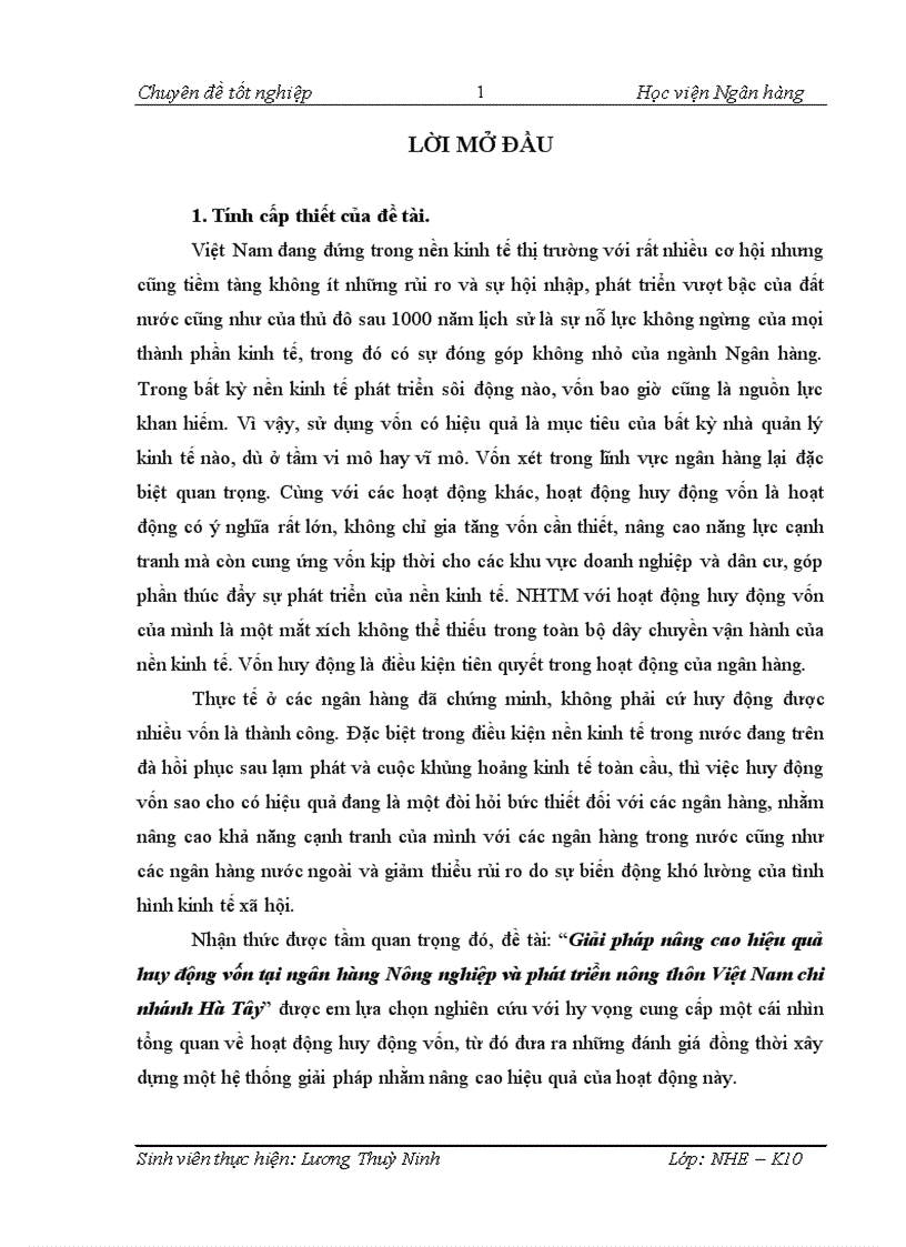 Giải pháp nâng cao hiệu quả huy động vốn tại ngân hàng Nông nghiệp và phát triển nông thôn Việt Nam chi nhánh Hà Tây 1