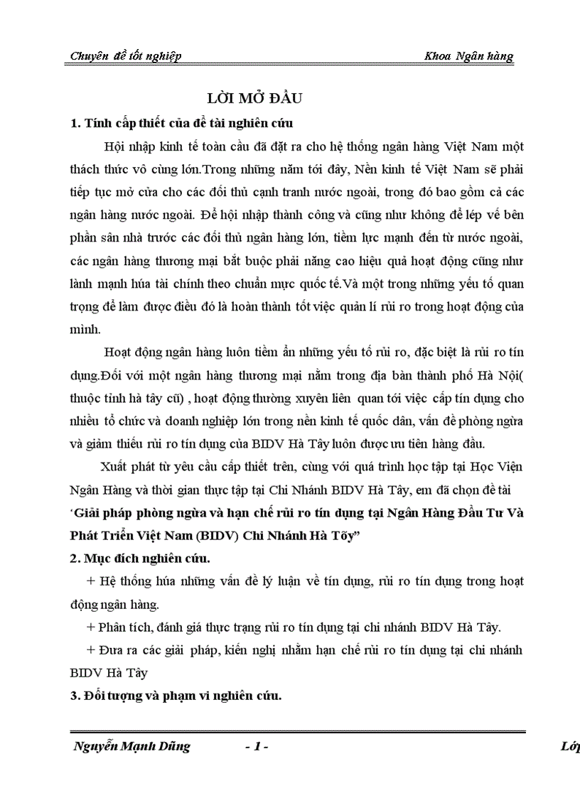 Giải pháp phòng ngừa và hạn chế rủi ro tín dụng tại Chi nhánh Ngân hàng Đầu Tư Phát Triển BIDV Hà Tây 1