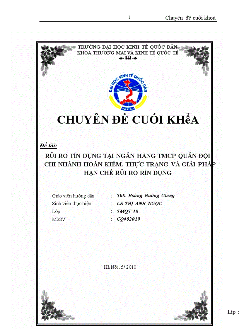 Rủi ro tín dụng tại Ngân hàng TMCP Quân Đội Chi nhánh Hoàn Kiếm Thực trạng và giải pháp hạn chế rủi ro tín dụng 1