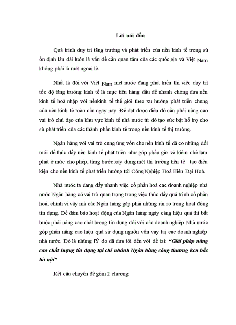 Giải pháp nâng cao chất lượng tín dụng tại chi nhánh Ngân hàng công thương KCN Bắc Hà Nội 1