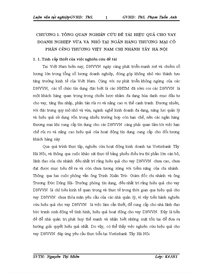 Giải pháp nâng cao hiệu quả tín dụng đối với các doanh nghiệp vừa và nhỏ tại ngân hàng Công thương Hà Tây 1