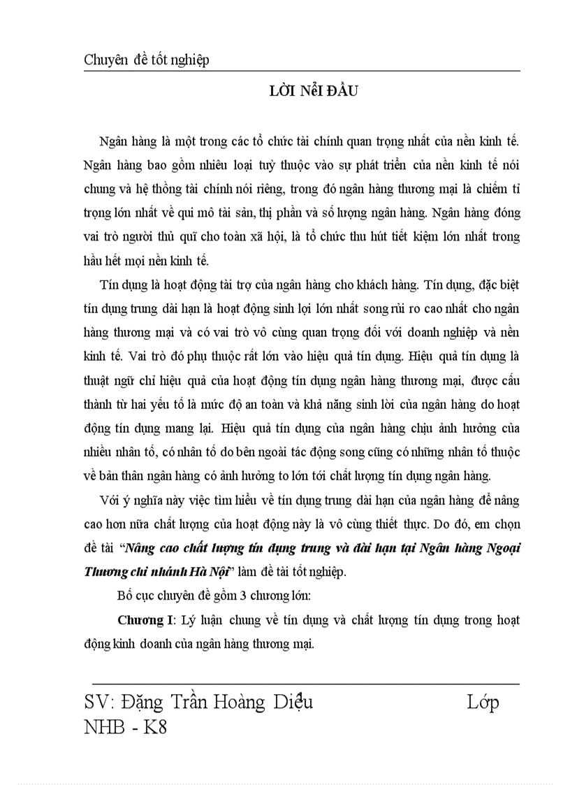 Nâng cao chất lượng tín dụng trung và dài hạn tại Ngân hàng Ngoại Thương chi nhánh Hà Nội 1