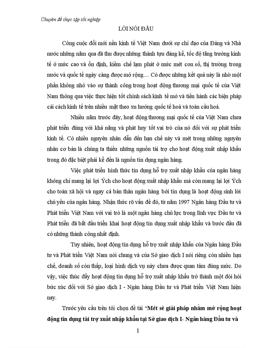 Một số giải pháp nhằm mở rộng hoạt động tín dụng tài trợ xuất nhập khẩu tại Sở giao dịch I Ngân hàng Đầu tư và Phát triển Việt Nam 1