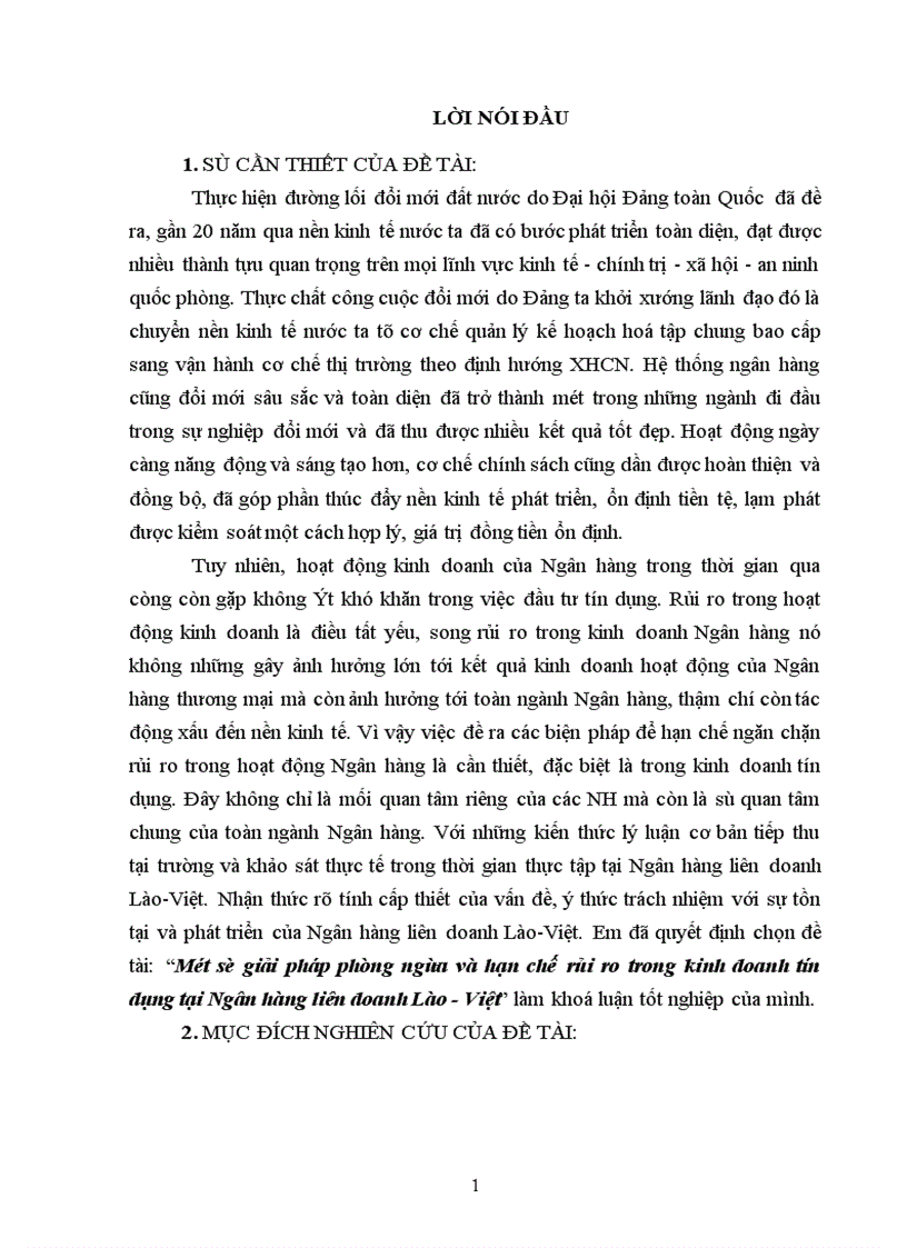 Một số giải pháp phòng ngừa và hạn chế rủi ro trong kinh doanh tín dụng tại Ngân hàng liên doanh Lào Việt 1