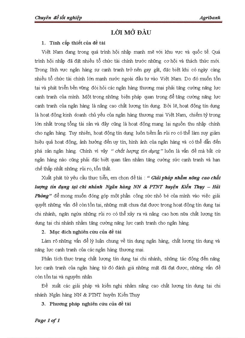 Giải pháp nhằm nâng cao chất lượng tín dụng tại chi nhánh Ngân hàng NN PTNT huyện Kiến Thụy Hải Phòng 1