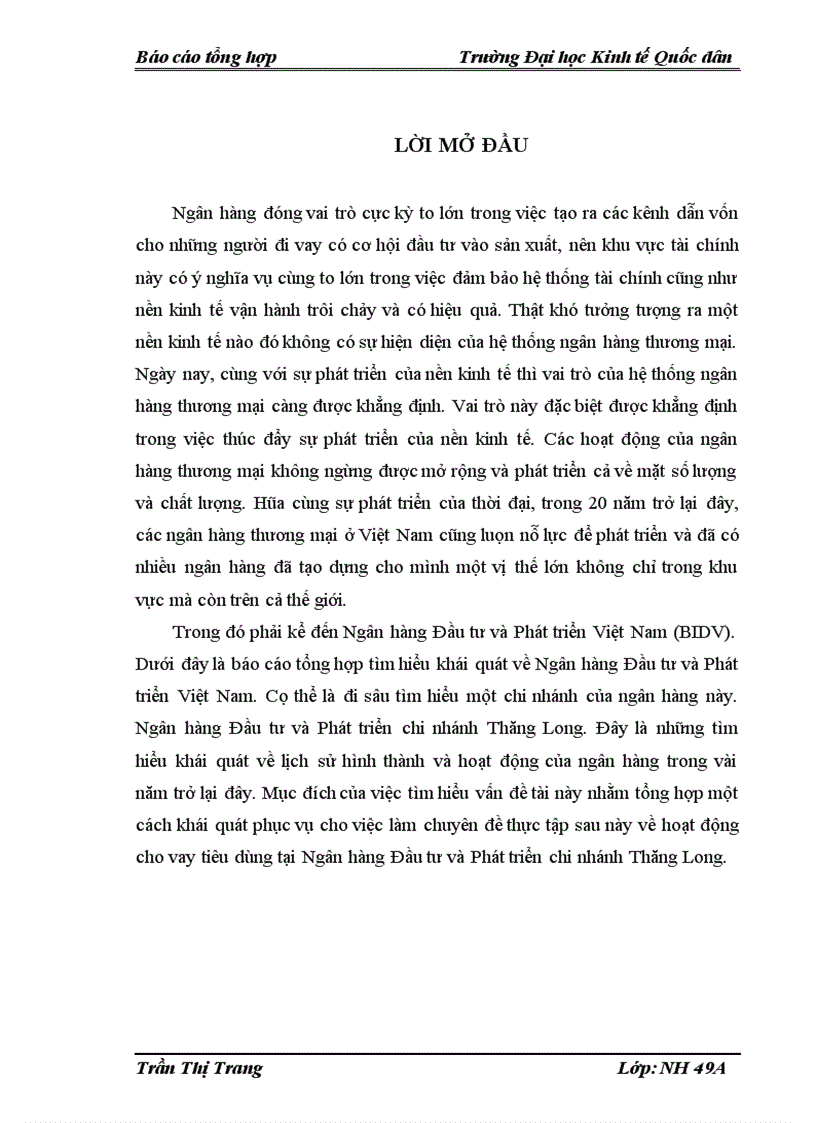 Báo cáo thực tập tổng hợp tại Ngân hàng Đầu tư và Phát triển Việt Nam