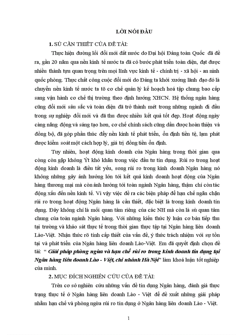 Giải pháp phòng ngừa và hạn chế rủi ro trong kinh doanh tín dụng tại Ngân hàng liên doanh Lào Việt chi nhánh Hà Nội 1