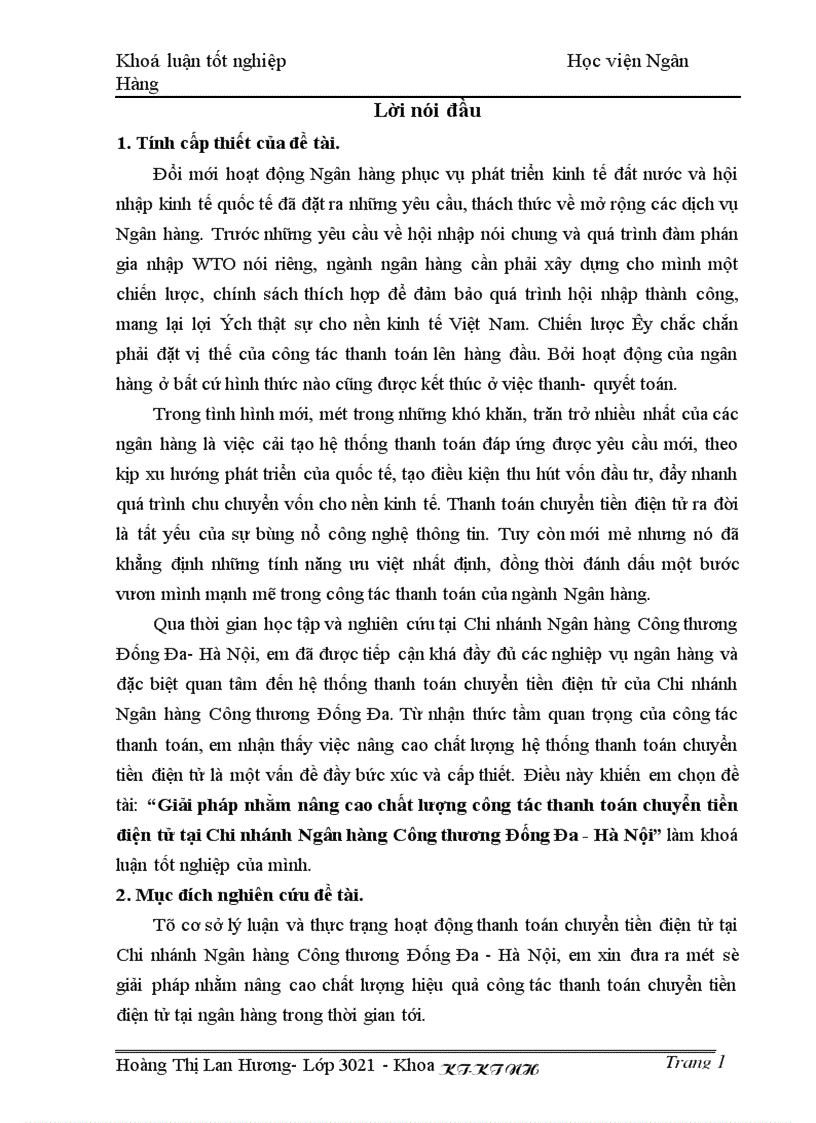 Giải pháp nhằm nâng cao chất lượng công tác thanh toán chuyển tiền điện tử tại Chi nhánh Ngân hàng Công thương Đống Đa Hà Nội 1