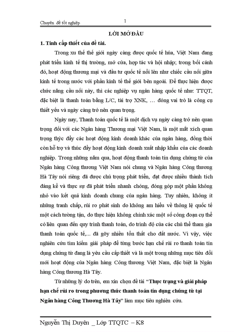 Thực trạng và giải pháp hạn chế rủi ro trong phương thức thanh toán tín dụng chứng từ tại Ngân hàng Công Thương Hà Tây 1