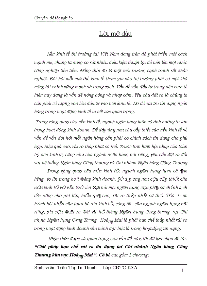 Giải pháp hạn chế rủi ro tín dụng tại Chi nhánh Ngân hàng Công Thương khu vực Hoàng Mai 1