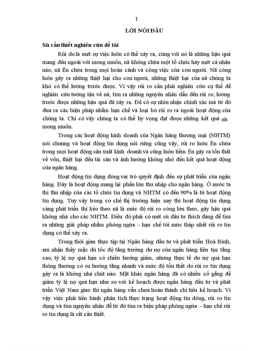 Thực trạng và các giải pháp phòng ngừa hạn chế rủi ro tín dụng tại Ngân hàng đầu tư và phát triển Hoà Bình 1