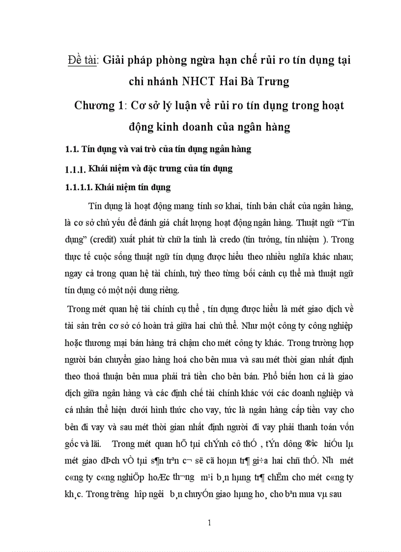 Giải pháp phòng ngừa hạn chế rủi ro tín dụng tại chi nhánh NHCT Hai Bà Trưng Chương 1