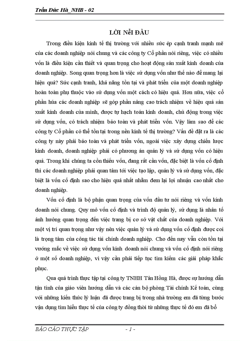 Giải pháp nâng cao hiệu quả sử dụng vốn cố định tại công ty TNHH Tân Hồng Hà Hà Nội