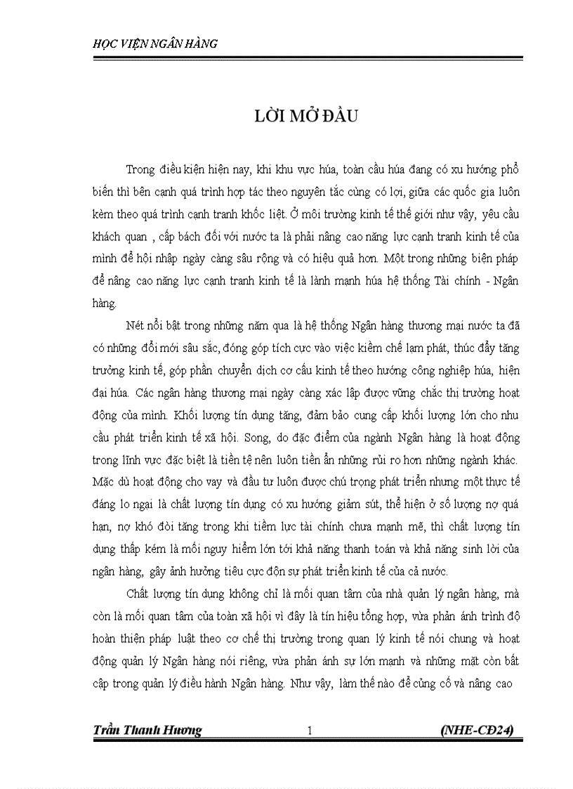 Nâng cao chất lượng tín dụng tại VPbank chi nhánh Thăng Long Thực trạng và Giải pháp 1