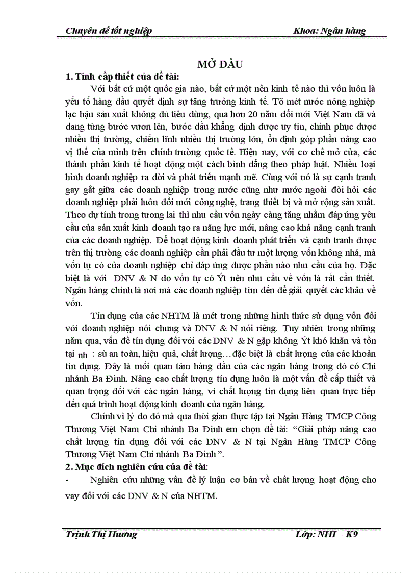 Giải pháp nâng cao chất lượng tín dụng đối với các DNV N tại Ngân Hàng TMCP Công Thương Việt Nam Chi nhánh Ba Đình