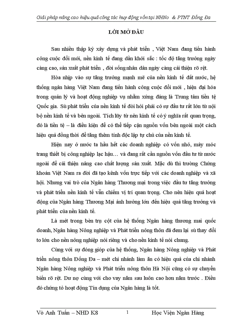 Giải pháp nâng cao hiệu quả công tác huy động vốn tại Ngân hàng Nông nghiệp và Phát triển nông thôn Đống Đa 1