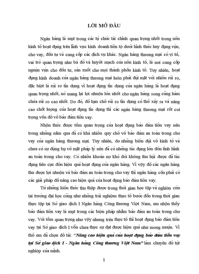 Nâng cao hiê u qua cu a hoa t đô ng ba o đa m tiê n vay ta i Sơ giao di ch I Ngân ha ng Công thương Viê t Nam 1