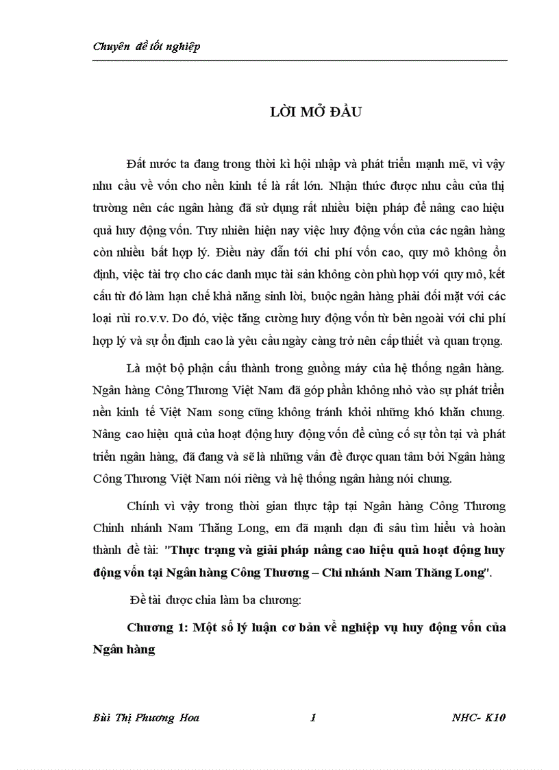 Thực trạng và giải pháp nâng cao hiệu quả hoạt động huy động vốn tại Ngân hàng Công Thương Chi nhánh Nam Thăng Long