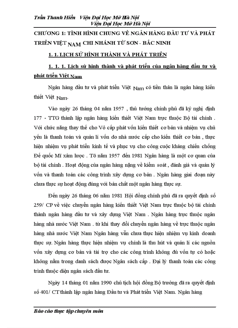Báo cáo thực tập tại ngân hàng đầu tư và phát triển Việt Nam chi nhánh Từ Sơn Bắc Ninh 1