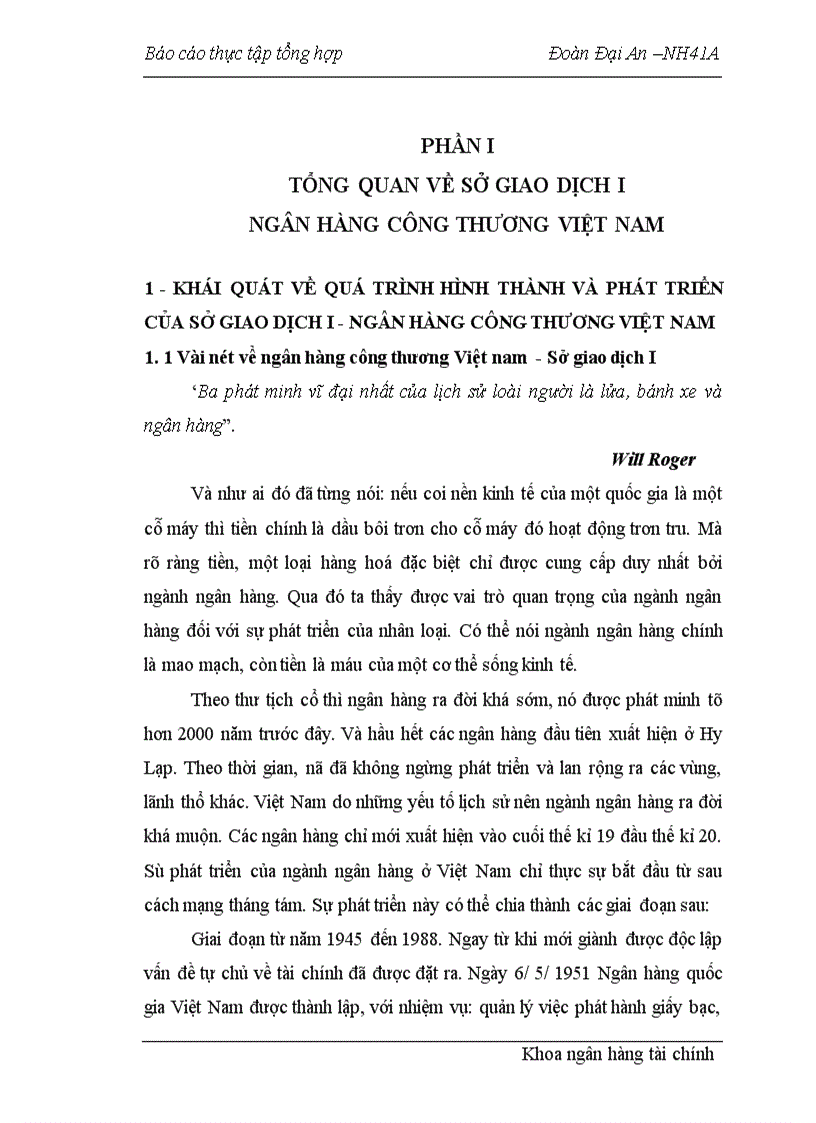 Báo cáo tổng hợp về ngân hàng công thương Việt nam Sở giao dịch I