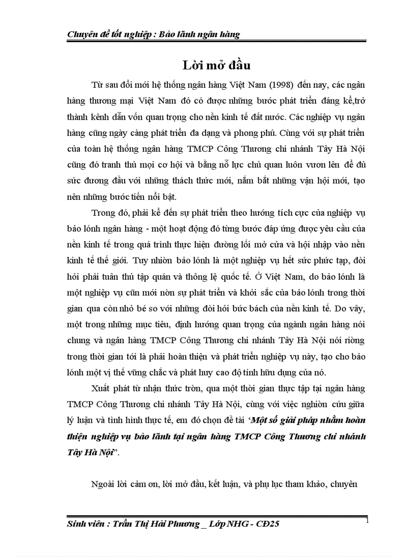 Một số giải pháp nhằm hoàn thiện nghiệp vụ bảo lãnh tại ngân hàng TMCP Công Thương chi nhánh Tây Hà Nội
