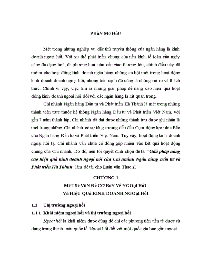Giải pháp nâng cao hiệu quả kinh doanh ngoại hối của Chi nhánh Ngân hàng Đầu tư và Phát triển Hà Thành 1